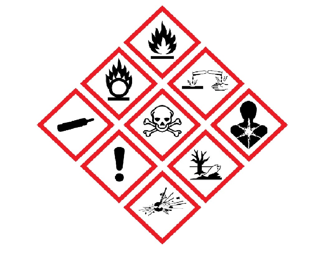 UN hazardous substance pictograms laid out in diamond pattern