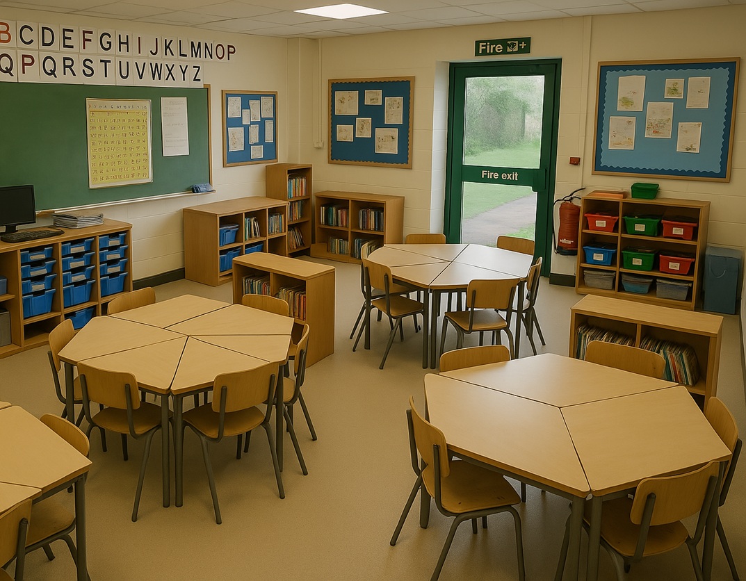 classroom, with furniture preventing straight access to the fire escape