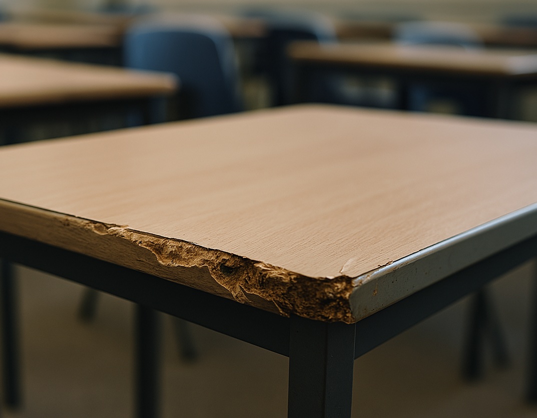 close-up of edge of desk with damaged laminate exposing sharpe edges and chipboard core