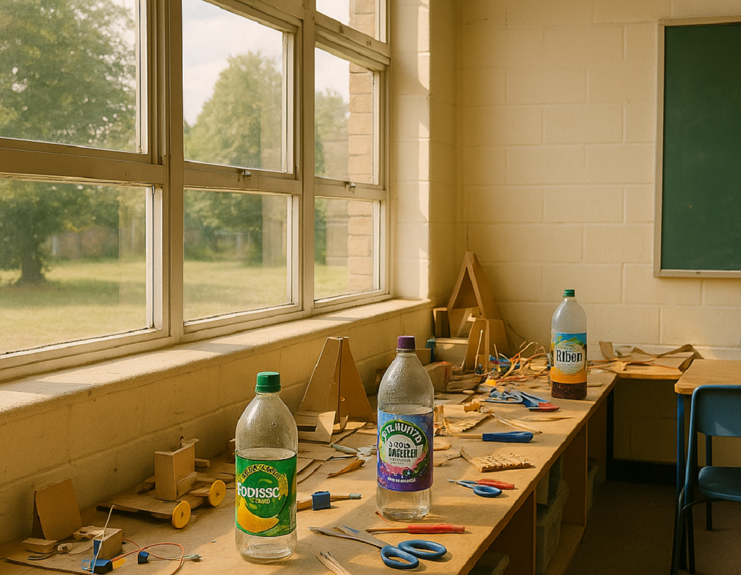 wall bench laid-out for D&T lession with 1 litre drink concentrate bottles containing clear liquid