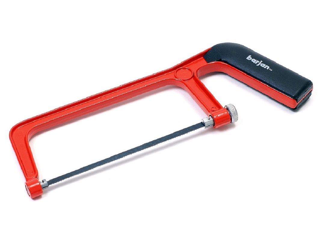 a red and balck junior hacksaw on a white background
