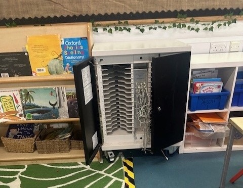 laptop trolley in a classroom