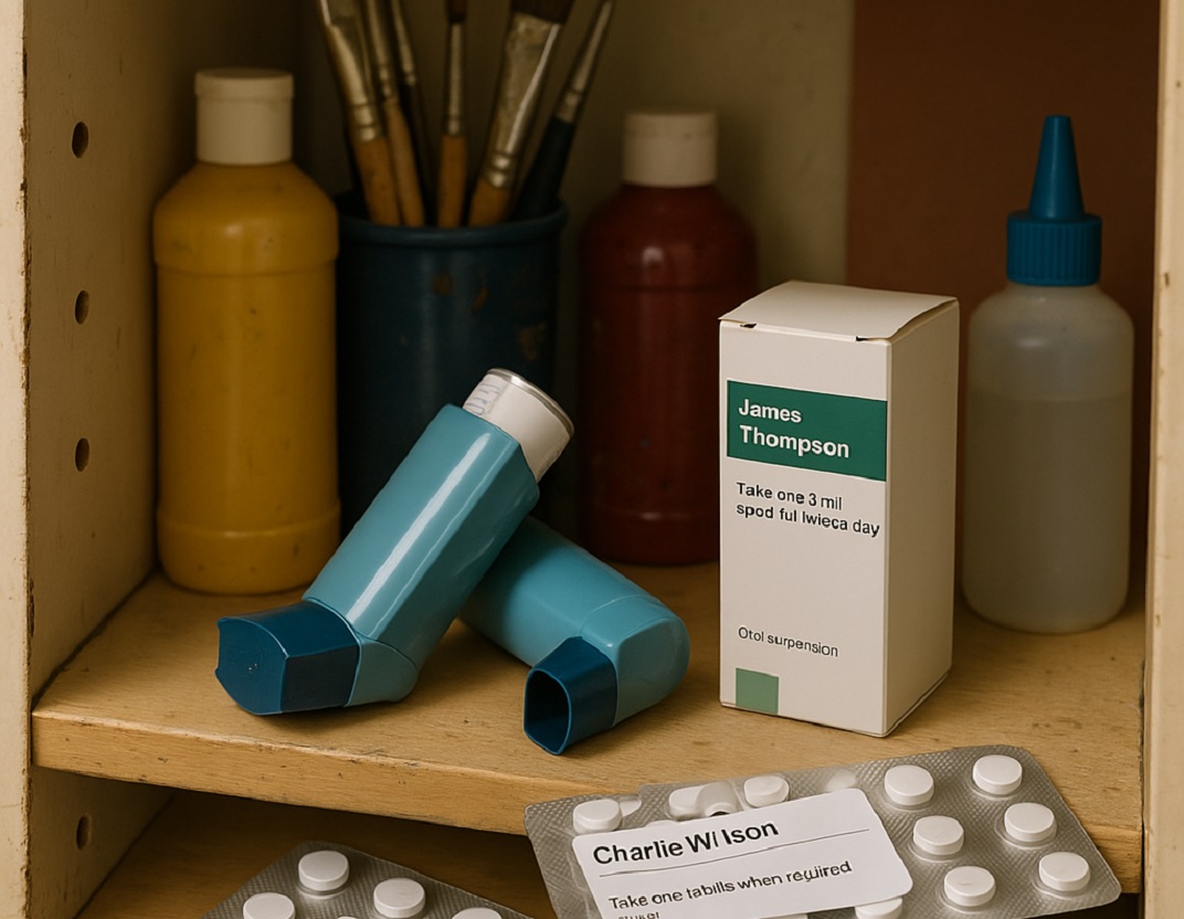 close-up of the inside of a classroom storage cupboard containing two inhalers, a boxed medicine and some blister packs of tablets