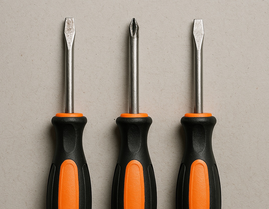 three black and orange handled screw drivers lined up side by side