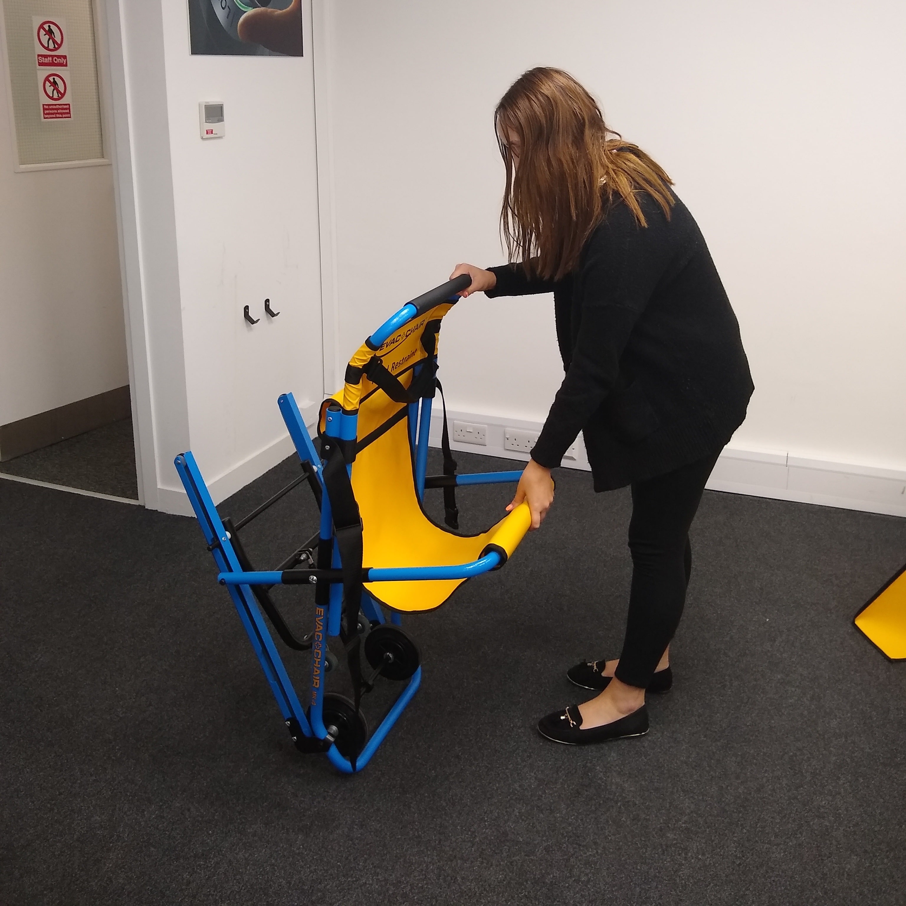 evac chair being unfolded prior to use