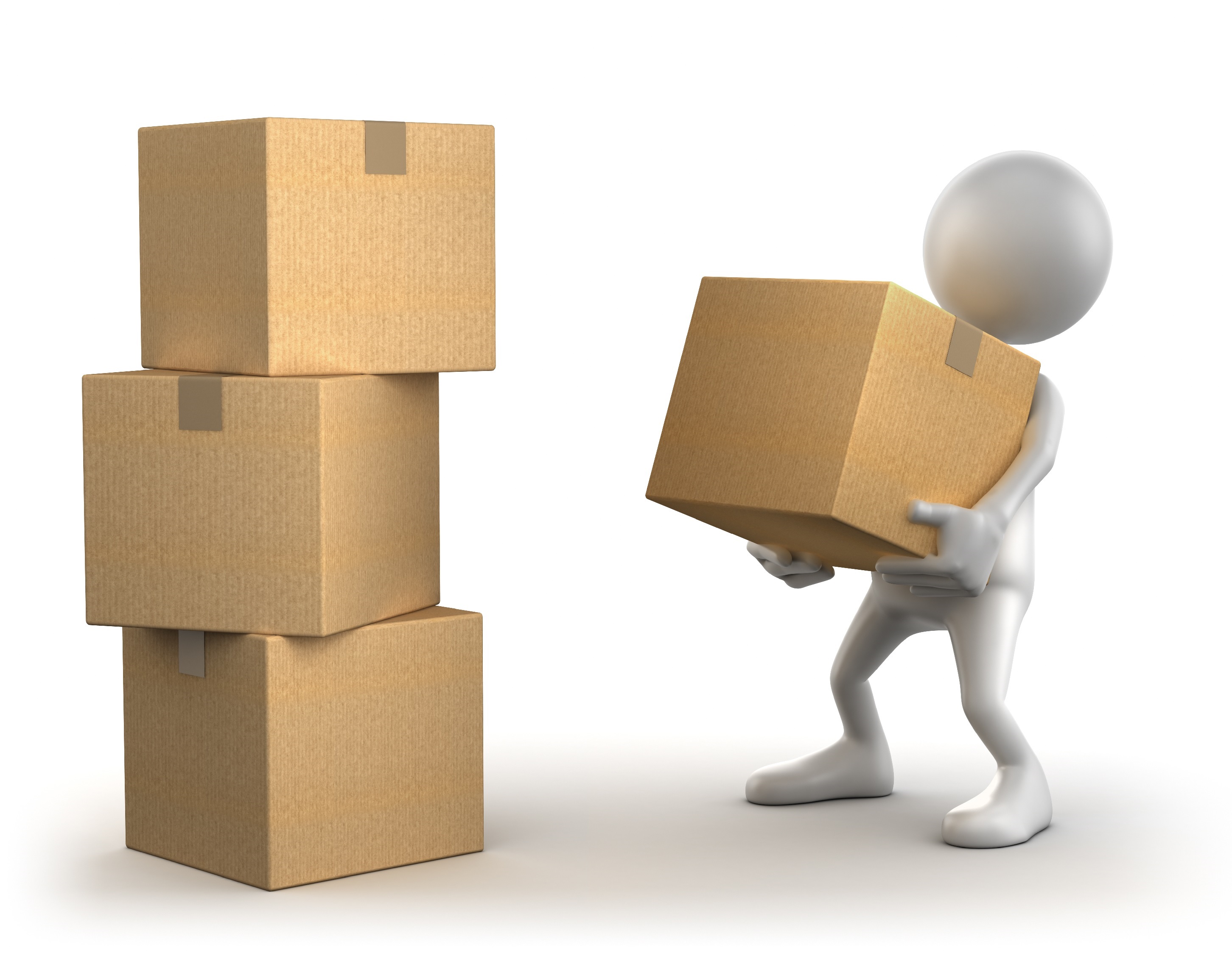 lollipop character carrying box which is about half its size towards poorly stacked pile of boxes